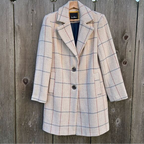 SAM EDELMAN Coat Womens Sz 4 Beige Wool Plaid Single Breasted Walker Pea Jacket - Picture 3 of 15